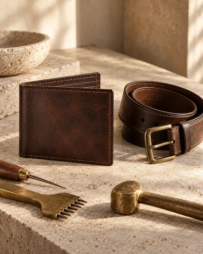 Hand stitched wallet and leather belt, AI editorial composition