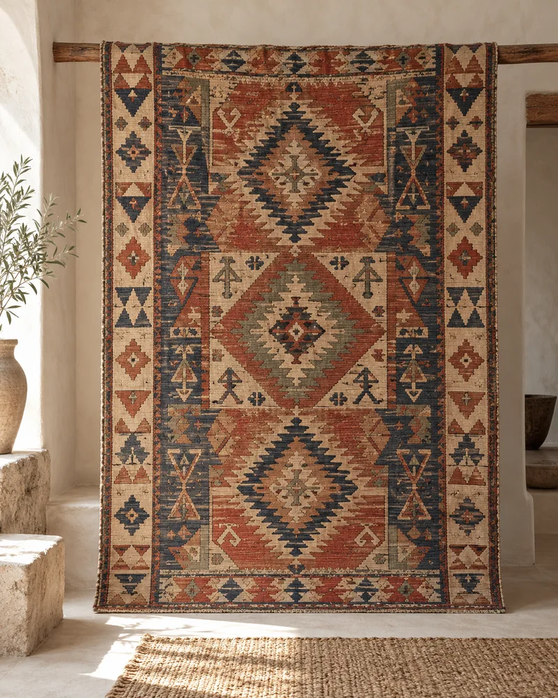 Anatolian kilim in a quiet interior, AI editorial composition